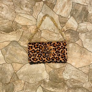 NWOT Tory Burch Leopard Shoulder Bag to Clutch (Calf Skin Hair + Leather)